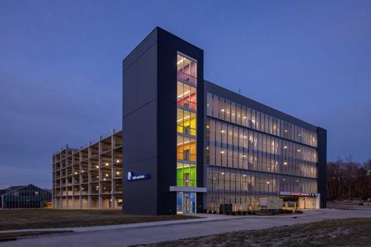 exterior of parking garage at sunset